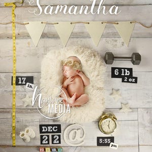 Newborn, Baby, Child, Birth Announcment Photography Digital Backdrop Prop for Photographers Birth Height Weight & Time Photoshop Template image 2