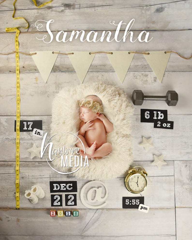 Newborn, Baby, Child, Birth Announcment Photography Digital Backdrop Prop for Photographers Birth Height Weight & Time Photoshop Template image 2