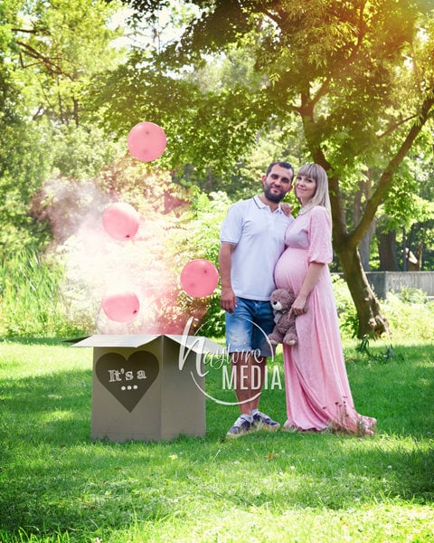 Gender Reveal Girl Baby Pregnancy Photo in Park With Pink Smoke Bomb,  Nature Photography Digital Backdrop Announcement, Maternity or Baby 