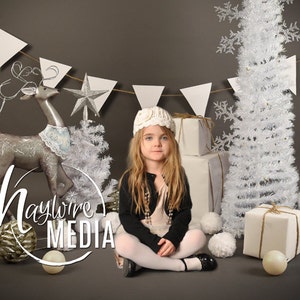 Bébé, enfant, Studio Photography Digital Backdrop Prop pour photographes - Silver and White Christmas Winter Tree with Reindeer - En 2 Tailles
