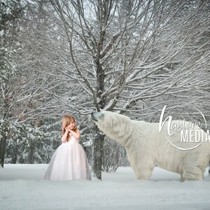 Creative Children&#39;s Outdoor Winter Snow Trees with Polar Bear Animal, Photography Digital Backdrop Art - Child Nature Portrait JPG