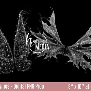 May include: Two digital fairy wings with a sparkly, glittery texture. The wings are transparent and have a white color. The wings are 8 inches by 10 inches at 300 DPI.