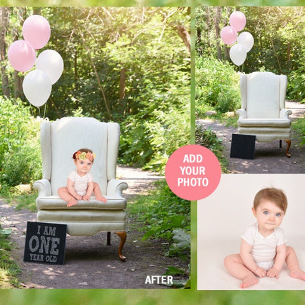 Baby, Toddler, Child, First Birthday Balloon Chair Photography Digital JPG Background Backdrop with Chalkboard Sign, One Year Birthday Photo