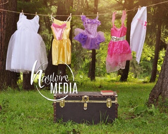 Beautiful Girls, Princess Dressup Outdoor Nature Clothesline Scene Backdrop - Digital Photography Background in 2 sizes - Instant Download