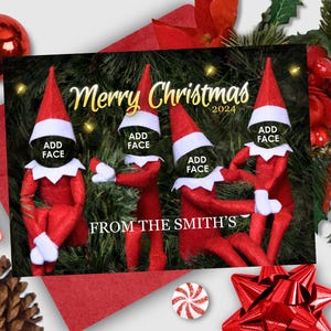 Modelo de cartão de Natal engraçado para família de elfos no Photoshop, modelo editável em PSD, adicione rostos no Photoshop, PNG Cartão infantil engraçado para crianças