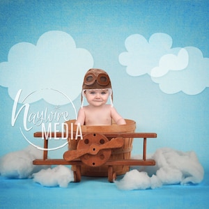 Bébé, enfant, enfants avion pilote panier photo toile de fond avec des nuages - Studio Background Portrait Photography Prop