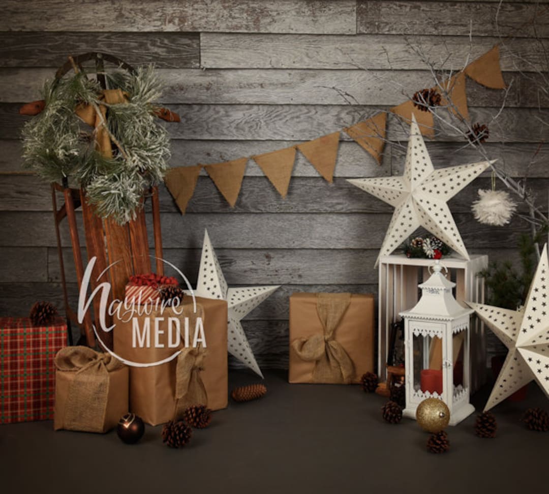 Rustic Wood Christmas Scene, Family, Baby, Toddler, Child, Winter Star ...