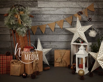 Rustic Wood Christmas Scene, Family, Baby, Toddler, Child, Winter Star Photography Digital Backdrop Prop for Photographers - JPG Download