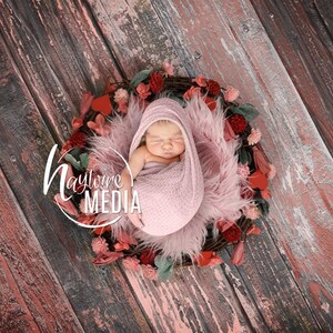 Nouveau-né, bébé, enfant, la Saint-Valentin fleur couronne lit, accessoire de toile de fond numérique photographie pour les photographes sur fond de bois
