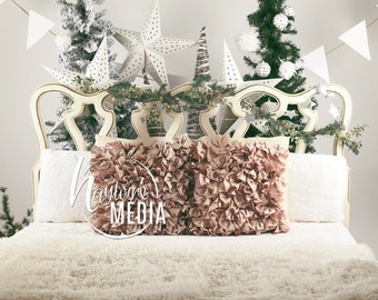 Baby, Toddler, Child, Headboard Bed Christmas Background with Wreath and Trees - Photography Digital Backdrop Prop for Photographers - JPG