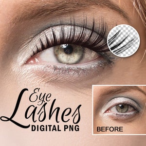 Op de afbeelding: Close-up van een oog met lange, donkere wimpers. De afbeelding laat het verschil zien tussen voor en na het aanbrengen van de wimpers. De tekst "Eye Lashes DIGITAL PNG" is zichtbaar onder de afbeelding.