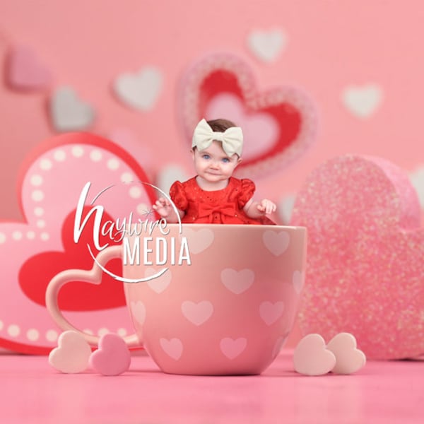 Baby, Toddler, Child, Valentine Cup Scene, Cute Valentine's Day Digital Backdrop, Children's Love Hearts Mini Session Background