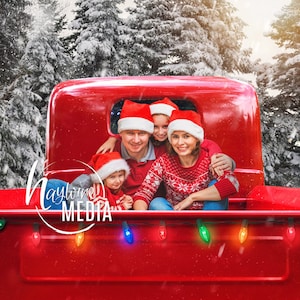 Child, Couple, Family Outdoor Red Truck Winter Christmas Snow Trees Photography Digital Backdrop for Photographers - Family Portrait JPG