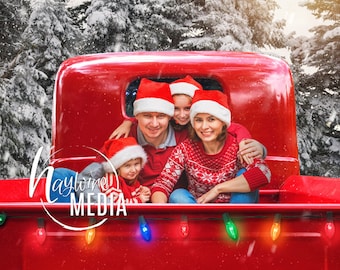 Child, Couple, Family Outdoor Red Truck Winter Christmas Snow Trees Photography Digital Backdrop for Photographers - Family Portrait JPG