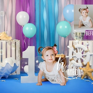 Bebé, Niño, Niño, Primer Cumpleaños sirena tema fotografía digital fondo Prop con una carta - Océano Mar Primer Cumpleaños Foto