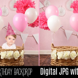 Baby, Toddler, Child, Birthday Basket Photography Digital Backdrop Background Prop with Pink Party Balloons for Photographers