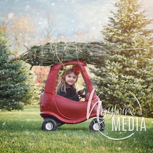 Holiday Christmas Tree Little Car Children's Portrait Outside for Photographers - Digital Backdrop