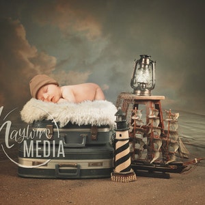 Newborn, Baby, Toddler, Child, Travel Suitcase Photography Digital Backdrop Prop for Photographers - Beach Vacation with Fur Coverup Layer