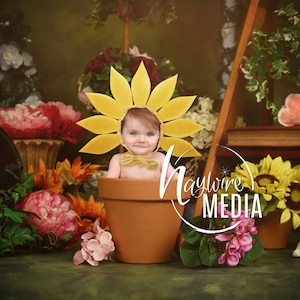 Puede incluir: Un bebé con un disfraz de girasol amarillo se sienta en una maceta de terracota rodeado de flores. El fondo es un telón de fondo verde y marrón con una escalera de madera y otras plantas.