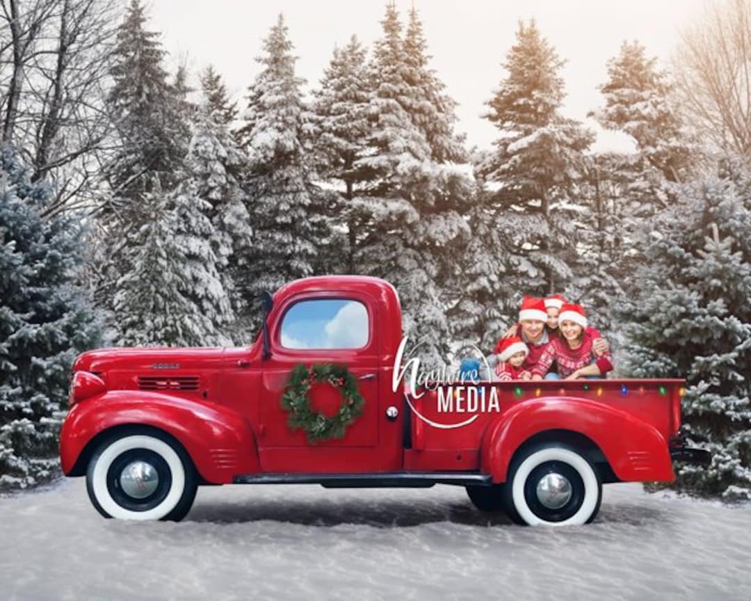 Child Couple Family Outdoor Red Truck Winter Christmas Snow Etsy