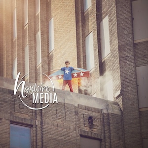 Super Hero Standing on Top of City Building with Transparent PNG Coverup - Halloween Superhero Creative Portrait Idea for Adults and Kids