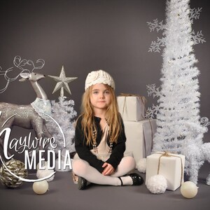 Bébé, enfant, photographie en studio, accessoire de toile de fond numérique pour photographes - Sapin de Noël argenté et blanc avec renne - en 2 tailles