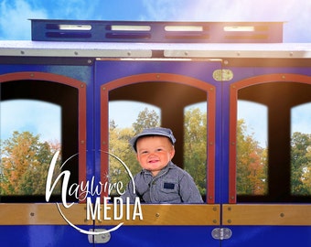 Baby Boy's Thomas Train Window Backdrop - Boy Birthday Theme - Digital Photography Background with PNG Coverup Layer - JPG Download