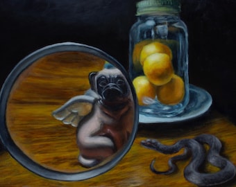 Surreal Still Life Art Print: Dog, Lemons, Snake (8x10)