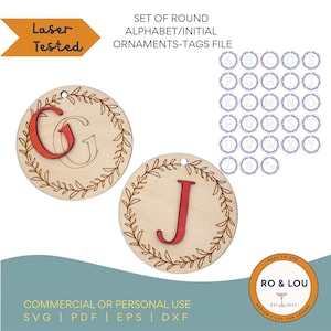Holiday Wreath Monogram Ornaments Stocking Tags SVG Laser File Set Winter Christmas Holiday Alphabet Initial Ornament Stocking Tags