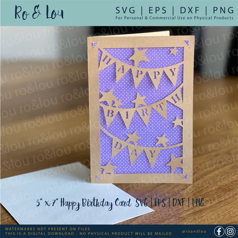 May include: A 5" x 7" Happy Birthday card with a cut-out design. The card features a brown frame with the words "Happy Birthday" cut out on a purple polka dot background. Includes a white envelope.