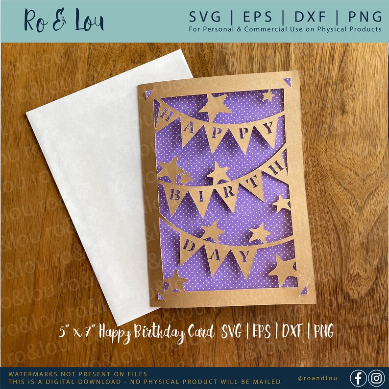 May include: A 5" x 7" Happy Birthday card with a kraft paper frame and a purple polka dot background. The card features a cut-out banner design that spells out "Happy Birthday". Includes a white envelope.