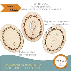 Holiday Oval Wreath Monogram Ornaments Stocking Tags SVG Laser File Set Winter Christmas Holiday Alphabet Initial Ornament Stocking Tags