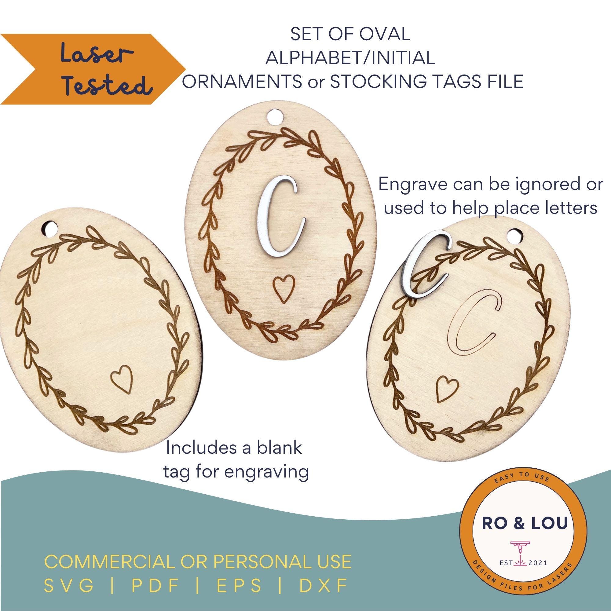 Holiday Oval Wreath Monogram Ornaments Stocking Tags SVG Laser File Set Winter Christmas Holiday Alphabet Initial Ornament Stocking Tags