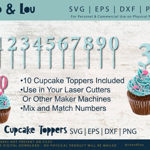 Geburtstagszahl Cupcake Toppers 0 bis 9 Mix and Match zum Schneiden in Ihrer Maker-Maschine oder Ihrem Laserschneider Enthält svg-, pdf-, png-, eps- und dxf-Dateien