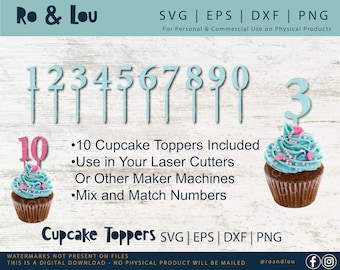 Birthday Number Cupcake Toppers 0 to 9 Mix and Match to Cut in Your Maker Machine or Laser Cutter Includes svg, pdf, png, eps and dxf Files