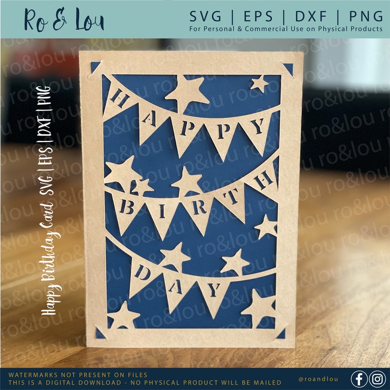 May include: A birthday card with a laser-cut design. The card features a tan frame with a blue background. The words "HAPPY BIRTHDAY" are cut out in a banner style, with star cutouts. The card is a digital download.