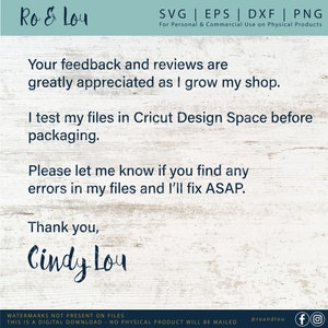 May include: A digital art graphic with the text "Ro & Lou" in a script font. The image includes text about feedback, testing files, and contacting the seller for errors. The bottom of the image states "Watermarks not present on files. This is a digital download - no physical product will be mailed."