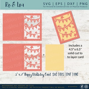 May include: A coral-colored Happy Birthday card with a star and banner design. The card includes a 4.5" x 6.5" solid cut layer. The text "Happy Birthday" is visible. The card is 5" x 7" and is a digital download.