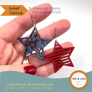 File SVG con taglio laser a stelle e strisce, set di orecchini del 4 luglio, orecchini patriottici SVG, file laser per orecchini a stella dell'inaugurazione, 5 forme di stelle