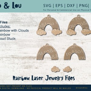 May include: A digital download of SVG, EPS, DXF, PNG, and PDF files for a rainbow with clouds laser cut jewelry design. The design includes a rainbow with clouds, a rainbow, and cloud studs.