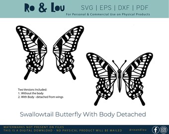 以下が含まれることがあります： 黒と白の swallowtail バタフライのデザインが2つあります。1つのデザインは、体が羽から外れたバタフライを示しています。もう1つのデザインは、体が羽に付いたバタフライを示しています。
