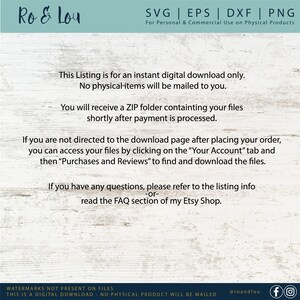 May include: Digital download listing from Ro & Lou. The image features the text "SVG | EPS | DXF | PNG" and instructions for accessing files after purchase. The listing is for digital files only, with no physical items mailed. Includes social media handles.