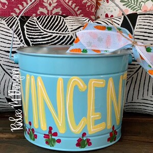 customized easter bucket, hand painted easter bucket, painted easter bucket, personalized easter bucket, metal bucket, girl easter bucket