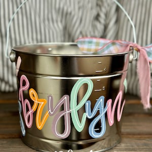 customized easter bucket, hand painted easter bucket, painted easter bucket, personalized easter bucket, metal bucket, girl easter bucket