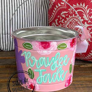 customized easter bucket, hand painted easter bucket, painted easter bucket, personalized easter bucket, metal bucket, girl easter bucket