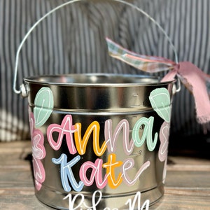 customized easter bucket, hand painted easter bucket, painted easter bucket, personalized easter bucket, metal bucket, girl easter bucket