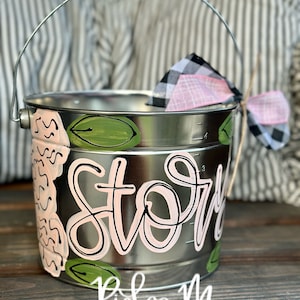 customized easter bucket, hand painted easter bucket, painted easter bucket, personalized easter bucket, metal bucket, girl easter bucket