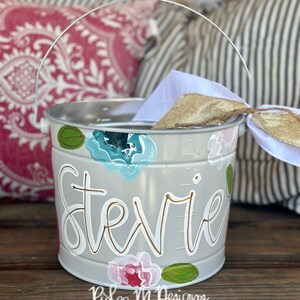 customized easter bucket, hand painted easter bucket, painted easter bucket, personalized easter bucket, metal bucket, girl easter bucket