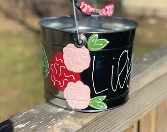 customized Valentine’s Day bucket, hand painted bucket