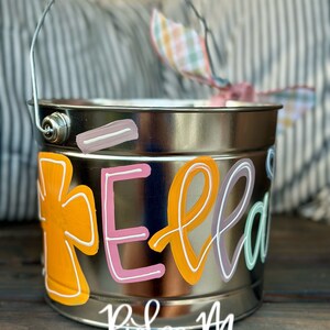 customized easter bucket, hand painted easter bucket, painted easter bucket, personalized easter bucket, metal bucket, girl easter bucket